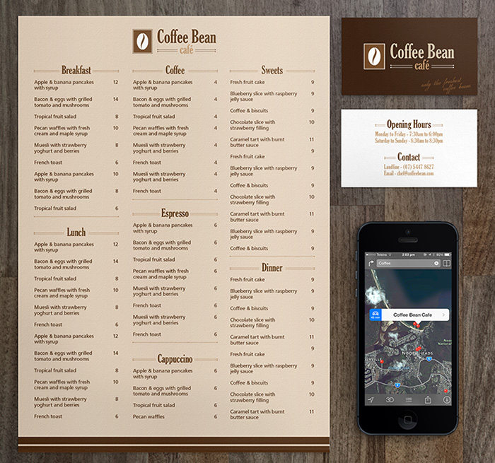 Coffee Bean Café menu mockup